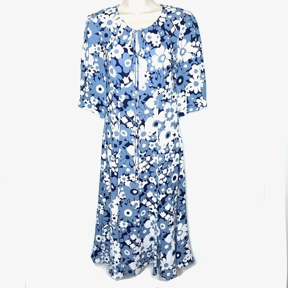 MICHAEL KORS COLLECTION Blue White Midi Floral Silk Georgette Dress sz 2